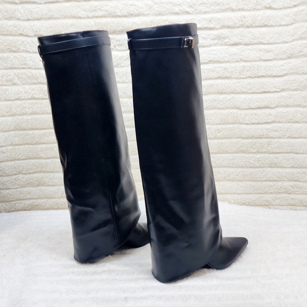 Paris Black Skirted Fold Over 3.5" Block Heel Knee High Boots - Totally Wicked Footwear