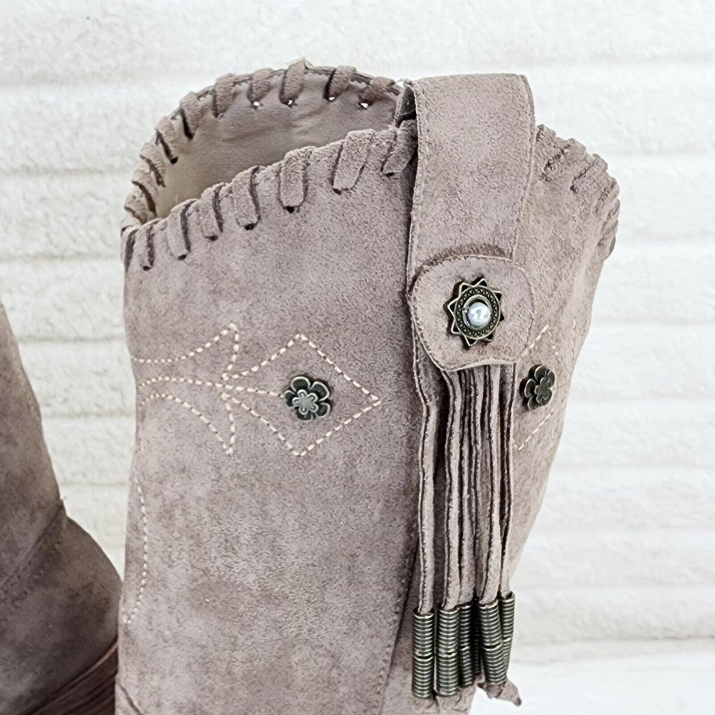 Prairie Girl Taupe Distressed Tassel Cowboy Cowgirl Pull On Mid Calf Boots - Totally Wicked Footwear