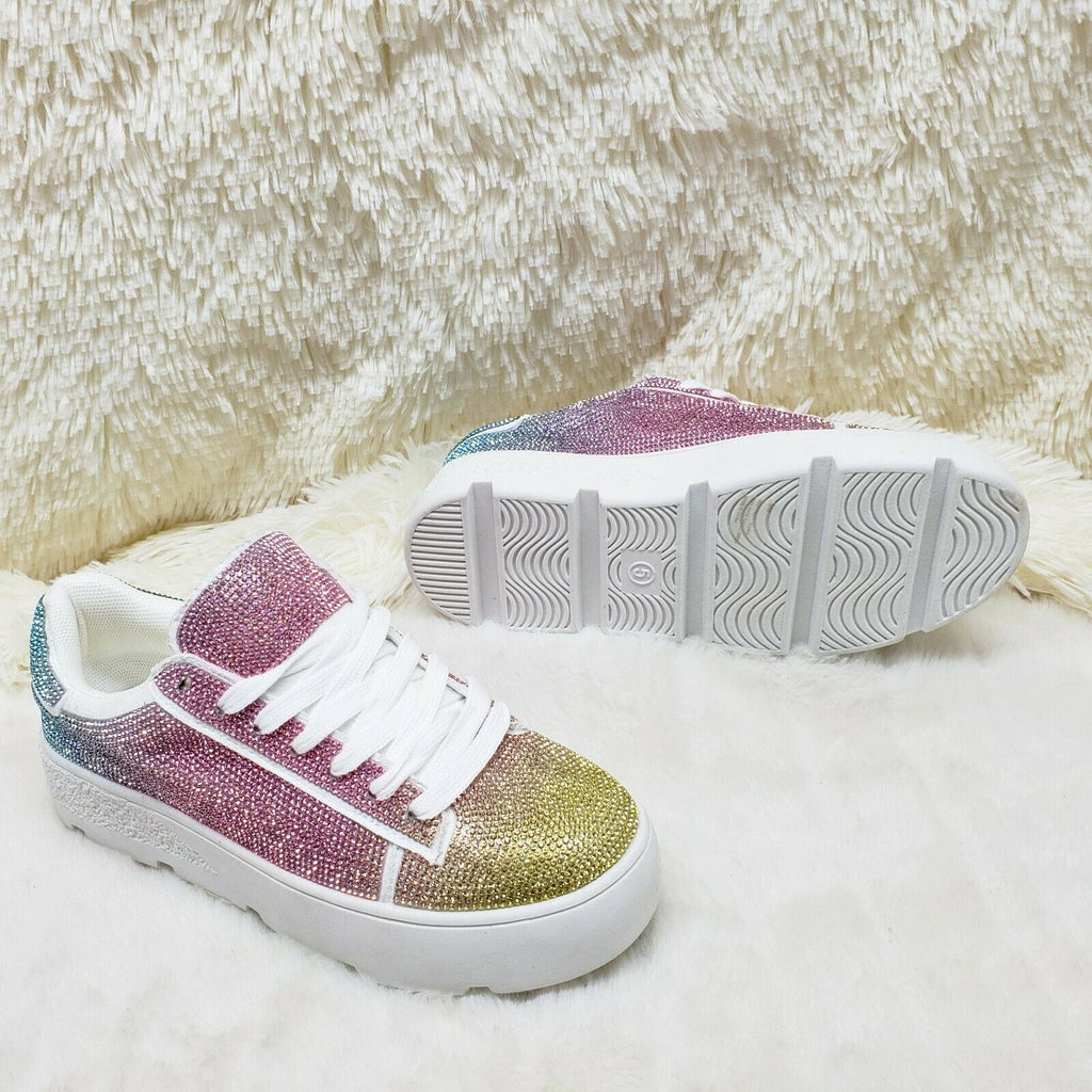 CR Diamond Queen Pastel Ombre Rhinestone Lace Up Platform Bling Sneakers - Totally Wicked Footwear