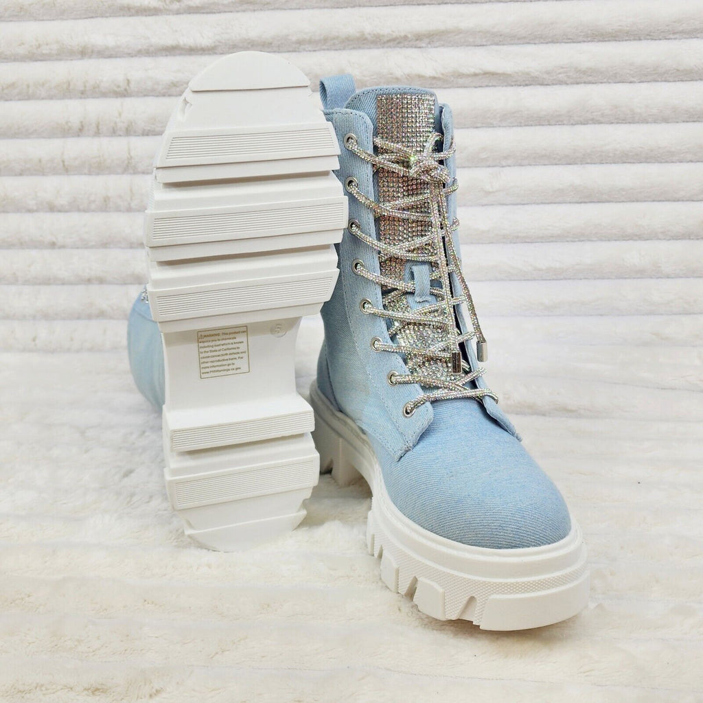 Rowan Denim Combat Ankle Boots Iridescent Rhinestone Tongue and Rope Laces - Totally Wicked Footwear