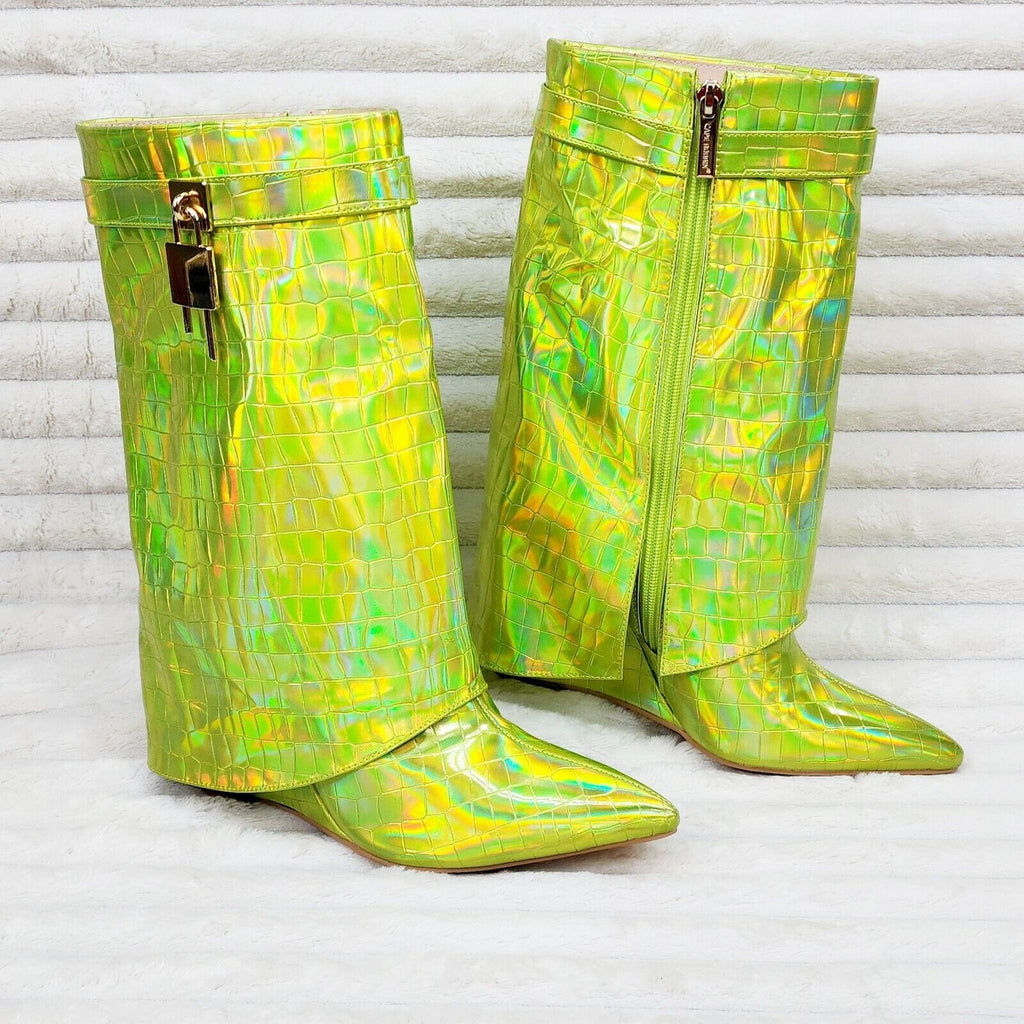 Vision Lime Yellow Hologram Wedge Heel Fold Over Skirted Ankle Boots - Totally Wicked Footwear