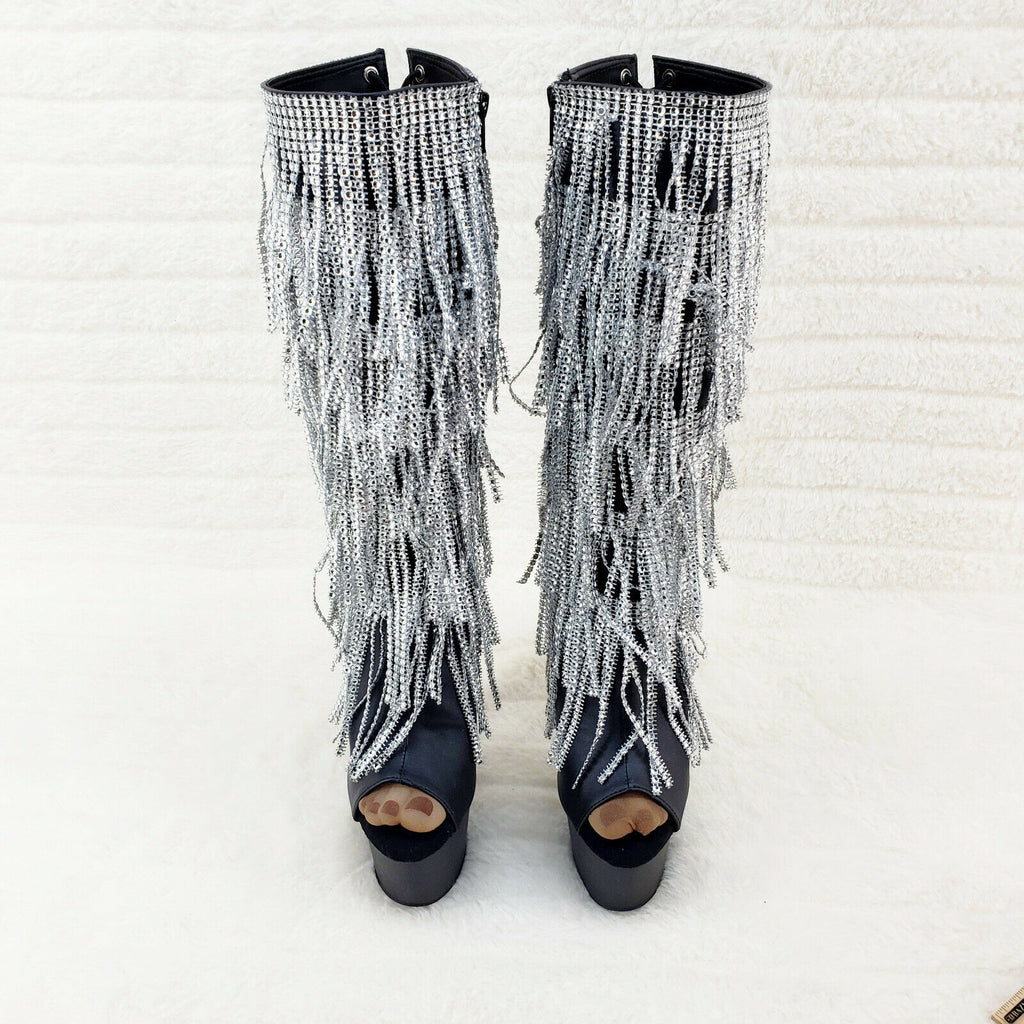 Adore 2024 Silver Fringe Black Platform 7" High Heel Fringe Knee Boots NY - Totally Wicked Footwear