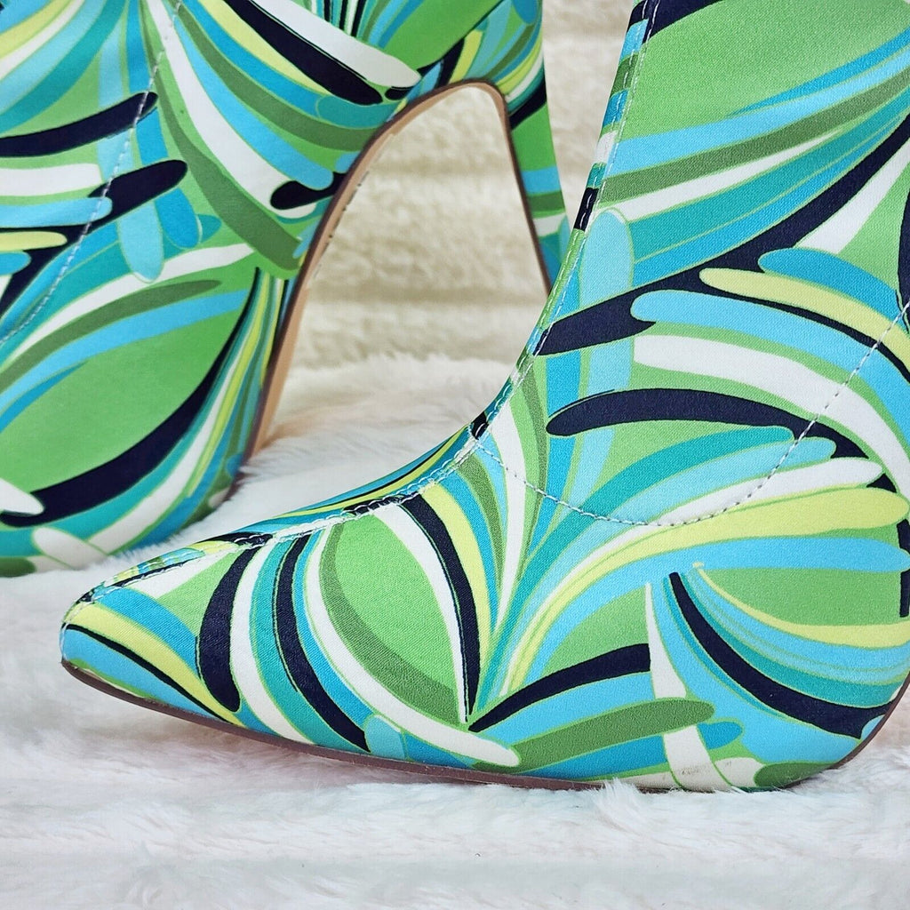 Odin Crazy Wild Color Pattern High Heel Stretch Fabric Ankle Boots - Green Blue - Totally Wicked Footwear