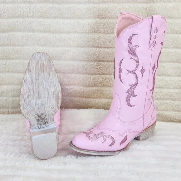 Dazzle Darlings Baby Pink Glitter Inset Cowboy Cowgirl Pull On Mid Calf Boots - Totally Wicked Footwear