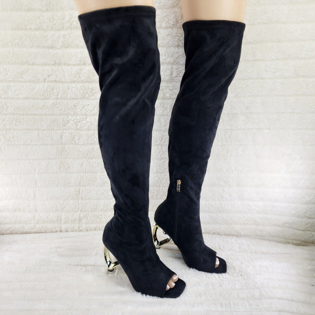 Zen Love Colorful Black Stretch FX Suede Over The Knee Boots Wedge Heart heels - Totally Wicked Footwear