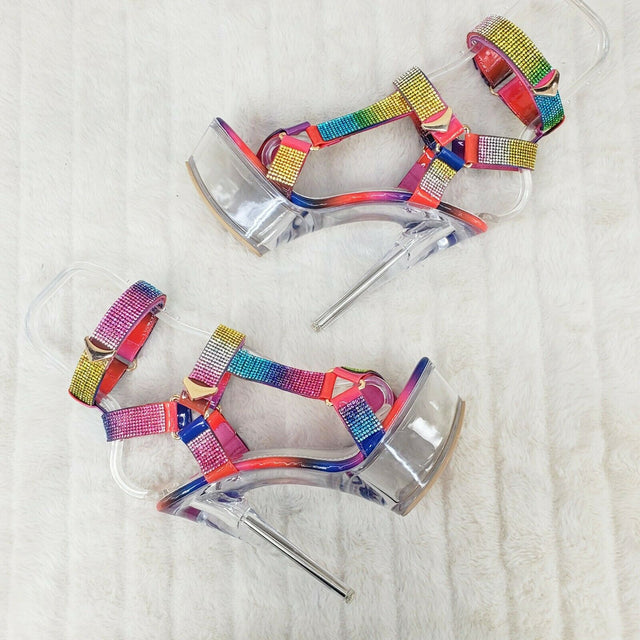 Xapala Rainbow Rhinestone Harness Strap Clear Platform High Heel Shoes - Totally Wicked Footwear