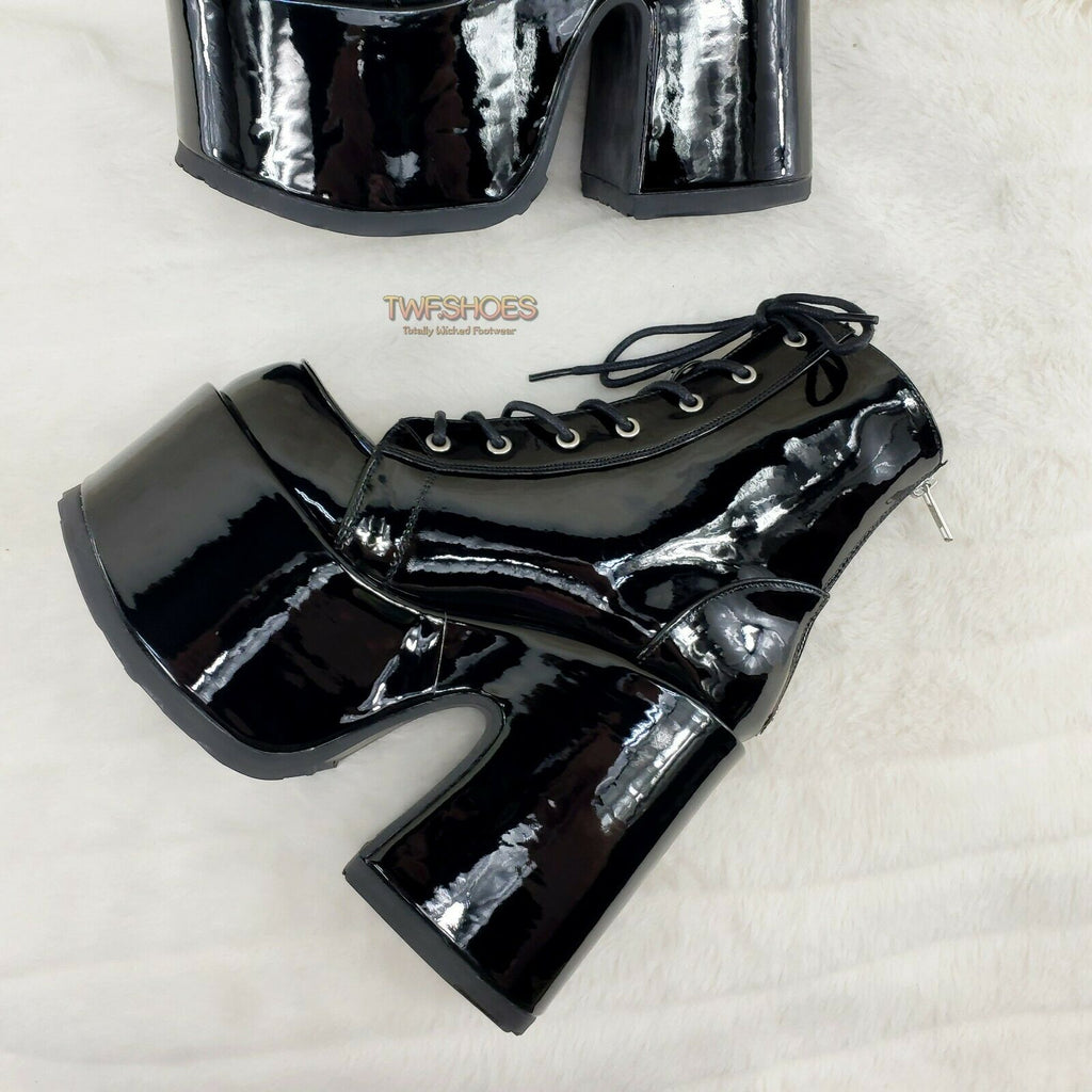 Demonia 203 Camel Stacked Black Patent Platform Goth Punk Ankle Boots RESTOCK NY - Totally Wicked Footwear