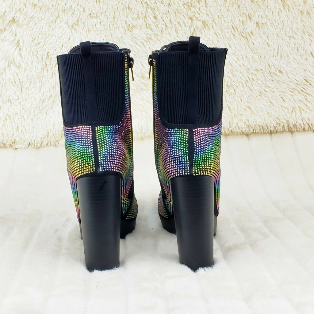 Wild Diva Veronica Rainbow Rhinestone Chunky Heel Ankle Boots Black - Totally Wicked Footwear