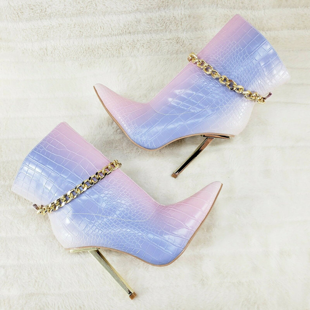 Venomous Pink Lilac Pointy Toe Spike Stiletto Heel Ankle Boots Gold Tone Chain - Totally Wicked Footwear