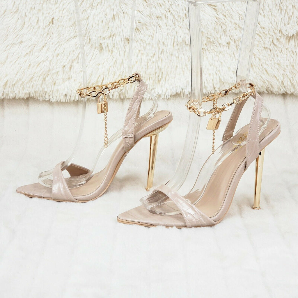 Nicely Pad Lock Chain Strap High Heels Metal Toe Tip Shoes Nude - Totally Wicked Footwear