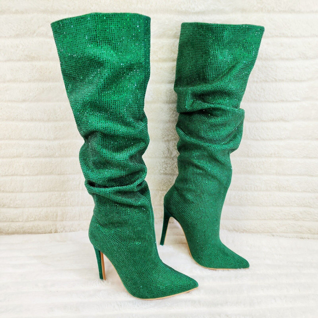 Radiant Emerald Green Rhinestone High Heel Slouch Knee High Boots - Totally Wicked Footwear