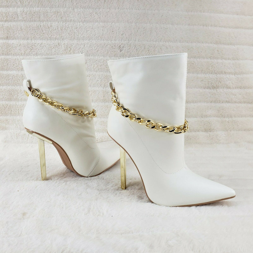 Venomous White Pointy Toe Spike Stiletto Heel Ankle Boots Gold Tone Chain - Totally Wicked Footwear