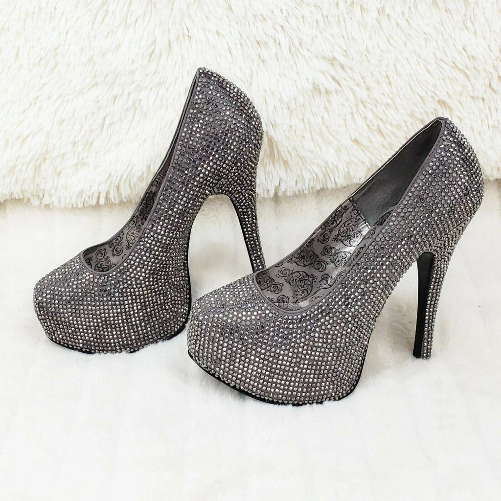 Teeze Rhinestone Collection Platform Stiletto Pumps Shoe Gray Pewter US Size 8 - Totally Wicked Footwear