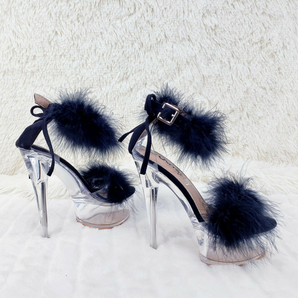 Black Marabou Feather Platform Shoes Sandals 6" High Heel Sandals Shoes - Totally Wicked Footwear