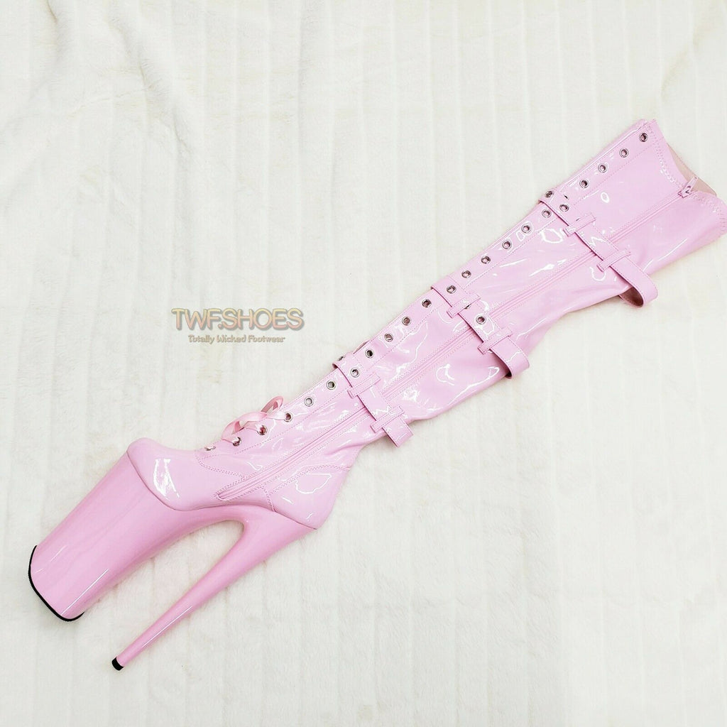 Beyond 3028 Lace Up Thigh High Baby Pink Patent Boots 10" Heels US Sizes NY - Totally Wicked Footwear