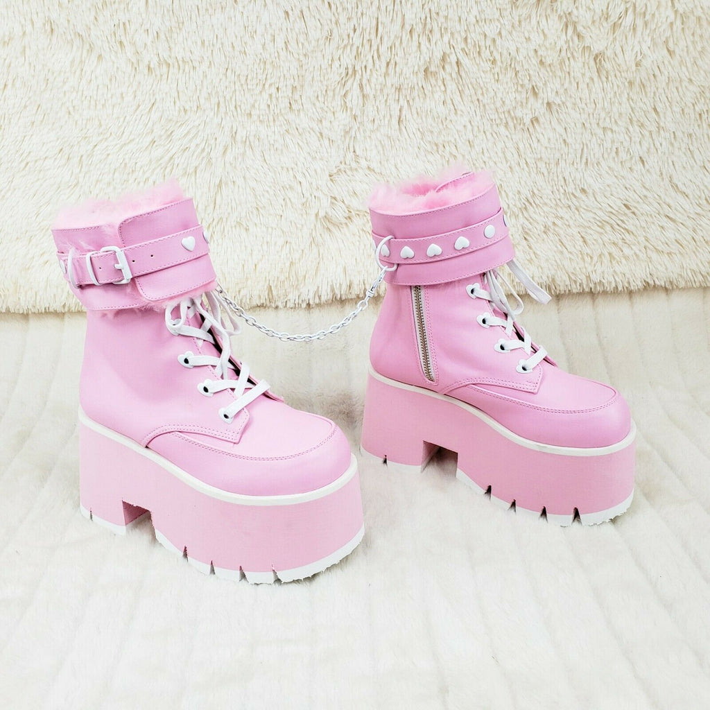 Ashes 57 Pink Heart Studs 3.5" Platform Goth Boots Fur Lined Cuffs & Chain NY - Totally Wicked Footwear