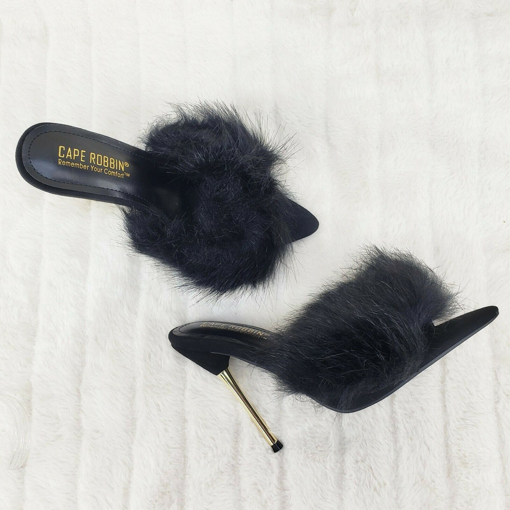 Fuji Furry Pointy Toe Slip On 4.5" Gold Tone Slim Heels Black - Totally Wicked Footwear