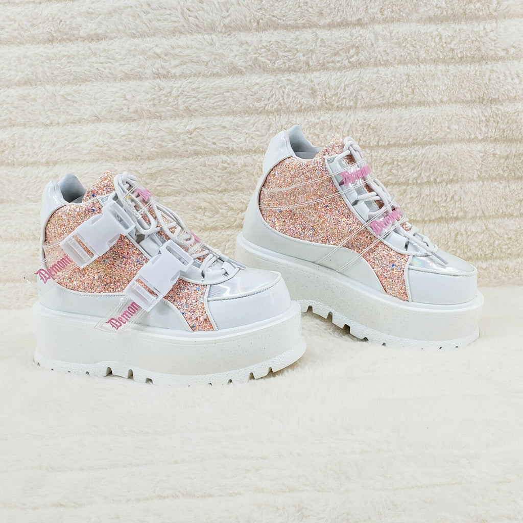 Slacker 50 White Pink Glitter Platform Sneaker Ankle Boots - Totally Wicked Footwear
