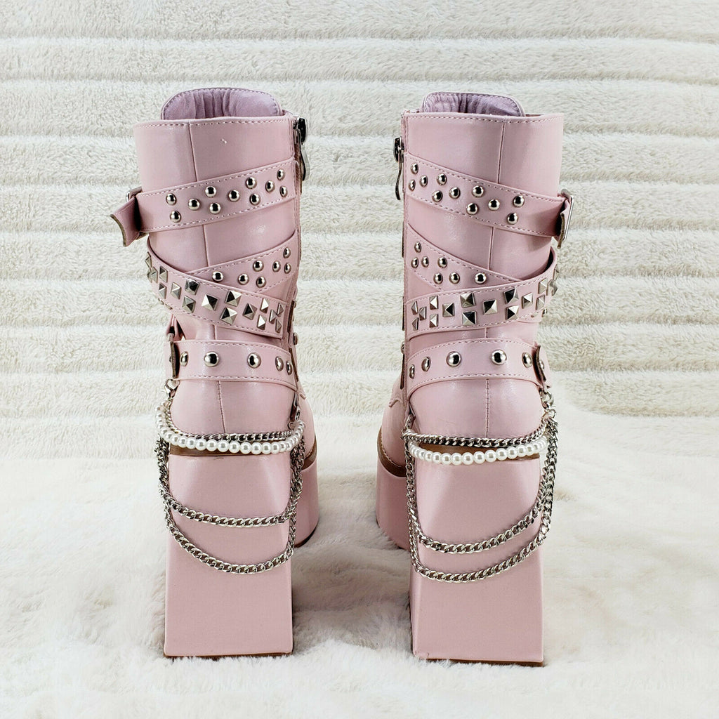 Ocho Baby Pink Ice Multipile Stud Strap Platform Chunky Block Heel Ankle Boots - Totally Wicked Footwear