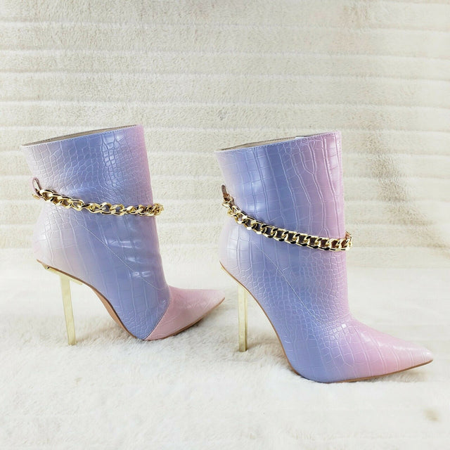 Venomous Pink Lilac Pointy Toe Spike Stiletto Heel Ankle Boots Gold Tone Chain - Totally Wicked Footwear