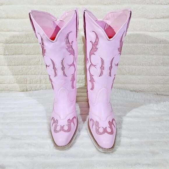 Dazzle Darlings Baby Pink Glitter Inset Cowboy Cowgirl Pull On Mid Calf Boots - Totally Wicked Footwear