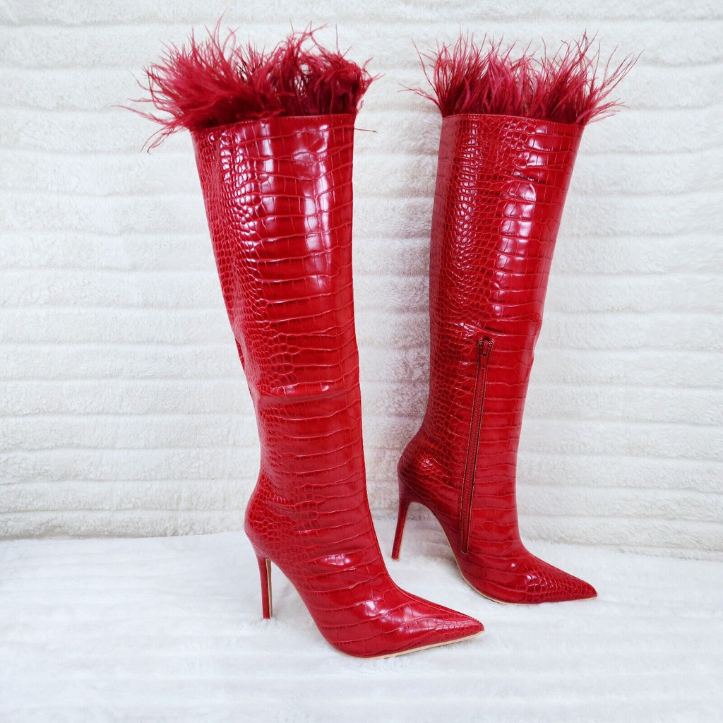 Flirty Red Snake Texture Knee High Heel Stiletto Boots Sexy Feather Top - Totally Wicked Footwear