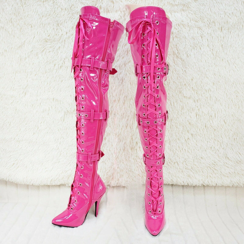 Seduce 3028 Hot Pink Lace Up Thigh High Boots 5" Stiletto Heel US Sizes NY - Totally Wicked Footwear