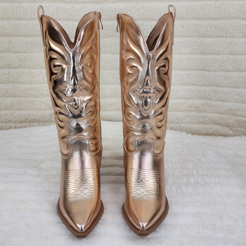 Disco Cowgirl Metallic Rose Gold Cowboy Knee Boots Western Block Heels US Sizes - Totally Wicked Footwear