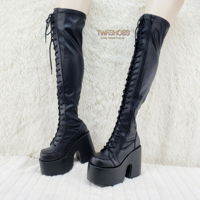 Camel 300 Platform 5" Heel Stretch Lace Up Goth Punk Thigh Boots Black Matte NY - Totally Wicked Footwear