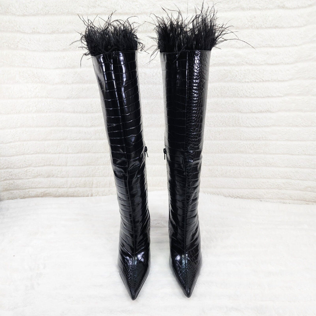 Flirty Black Snake Texture Knee High Heel Stiletto Boots Sexy Feather Top - Totally Wicked Footwear