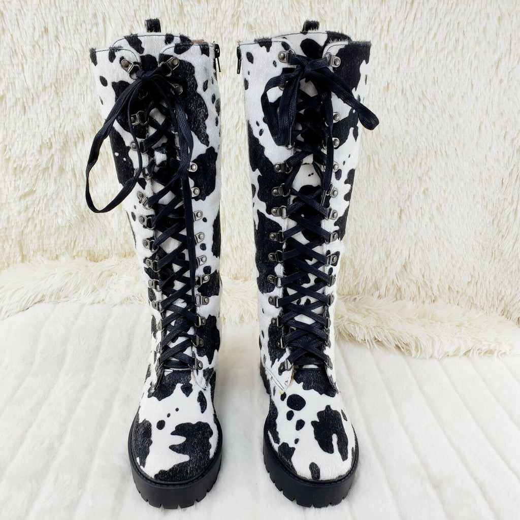 Savage Goth Punk Rock Faux Cow Fur Lace Up Platform Combat Knee Boots - Totally Wicked Footwear