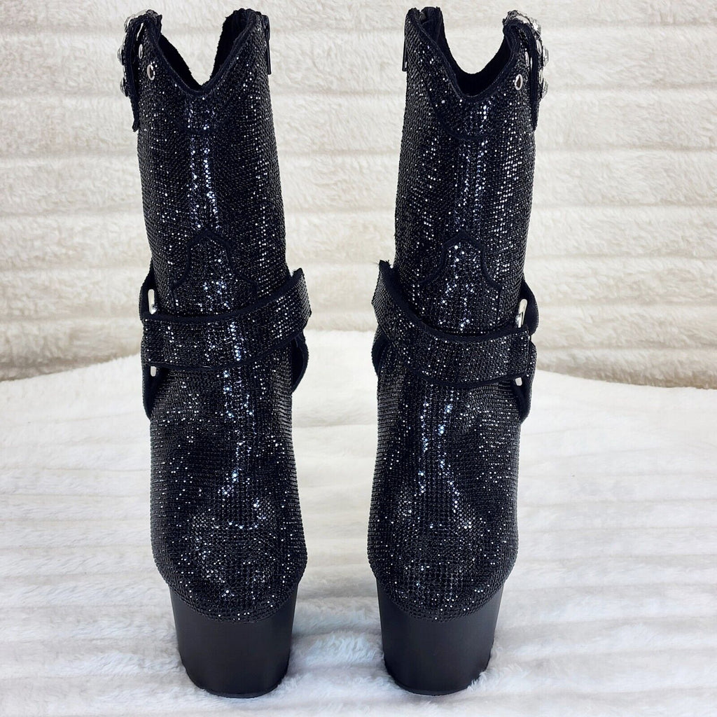 Adore 1029 Bejeweled Black Rhinestone 7" Heel Platform Cowgirl Ankle Boots - Totally Wicked Footwear