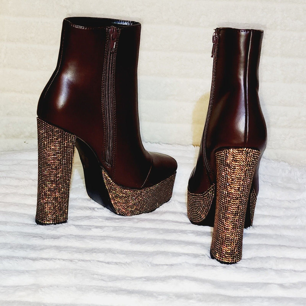 Nikki Brown Leatherette Rhinestone Platform Chunky Heel Ankle Boots - Totally Wicked Footwear