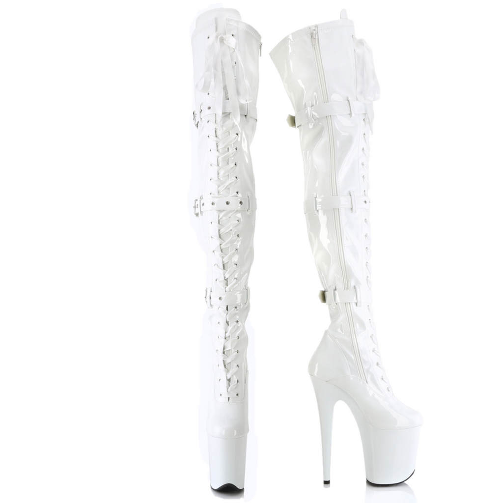 Flamingo 3028 Triple Buckle Thigh High Platform Torment Boot White Patent NY - Totally Wicked Footwear