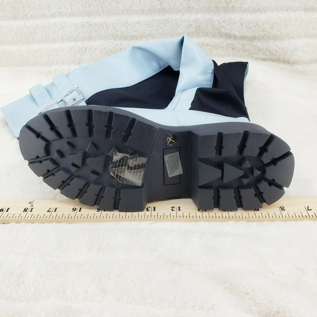 Techno Baby Blue Black Stretch Panel Lug Sole Thigh High Boots - Totally Wicked Footwear