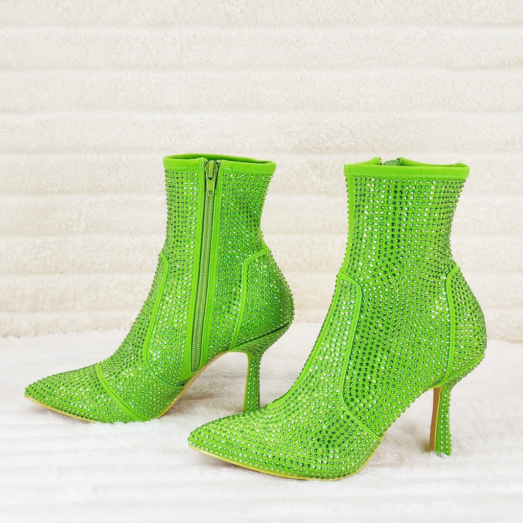 Stunning Fuchsia Bright Green Lime Stretch Rhinestone Ankle Boots 3.5" Heels New - Totally Wicked Footwear