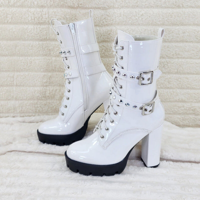 Bright White Patent Lug Sole Studded Strap Ankle Boots Temptress - Totally Wicked Footwear