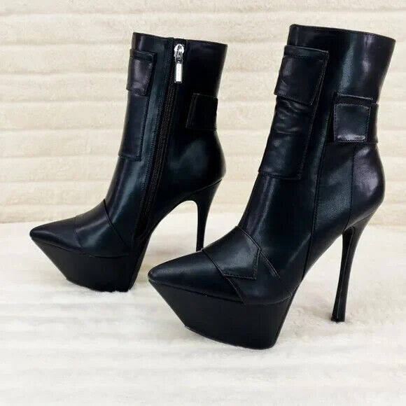 Kinder Pointy Toe Platform Stiletto Heel Ankle Boots Black Patchwork - Totally Wicked Footwear