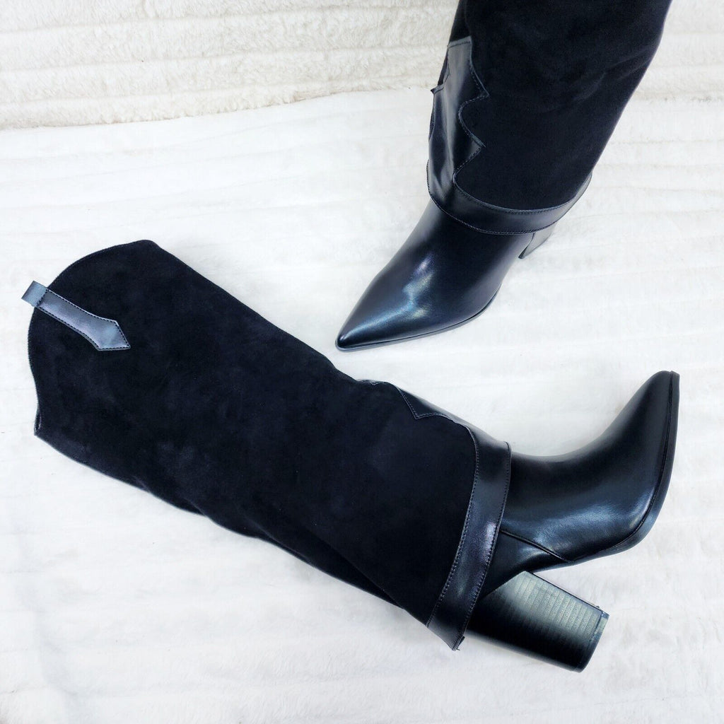Branded Black Skirted Fold Over Western Knee High Cowgirl Boots - Totally Wicked Footwear