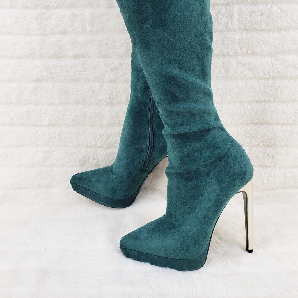 Sexy Girlz Faux Stretch Teal Suede High Heel Pointy Toe Platform Thigh Boots - Totally Wicked Footwear