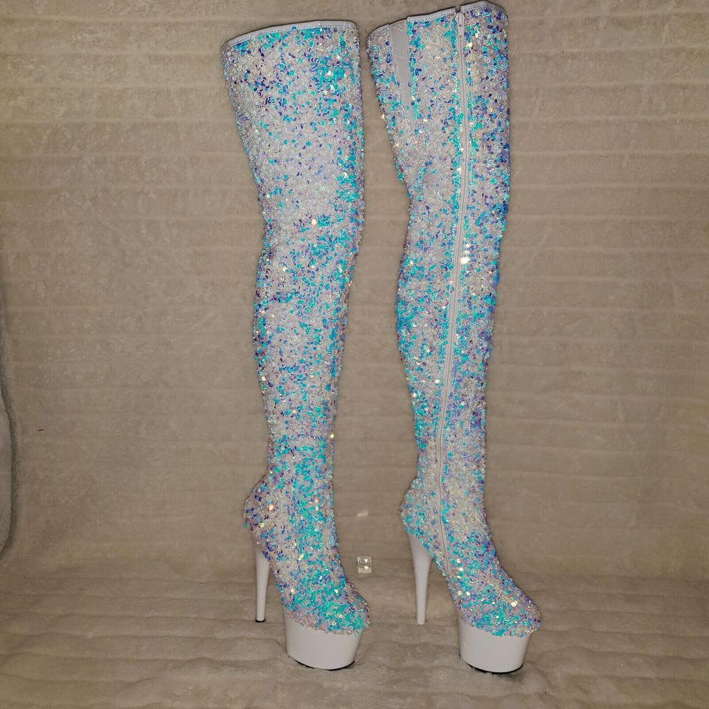 Adore 3020 White Multi Sequin High Heel Platform Thigh High Boots US Sizes NY - Totally Wicked Footwear