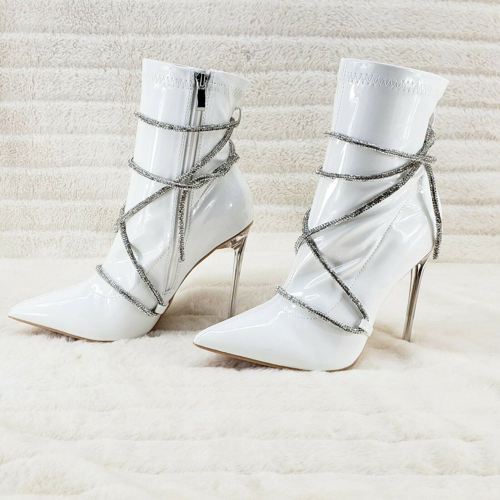 Destiny White Stretch Patent Cable Rhinestone Strap High Heel Ankle Boots - Totally Wicked Footwear