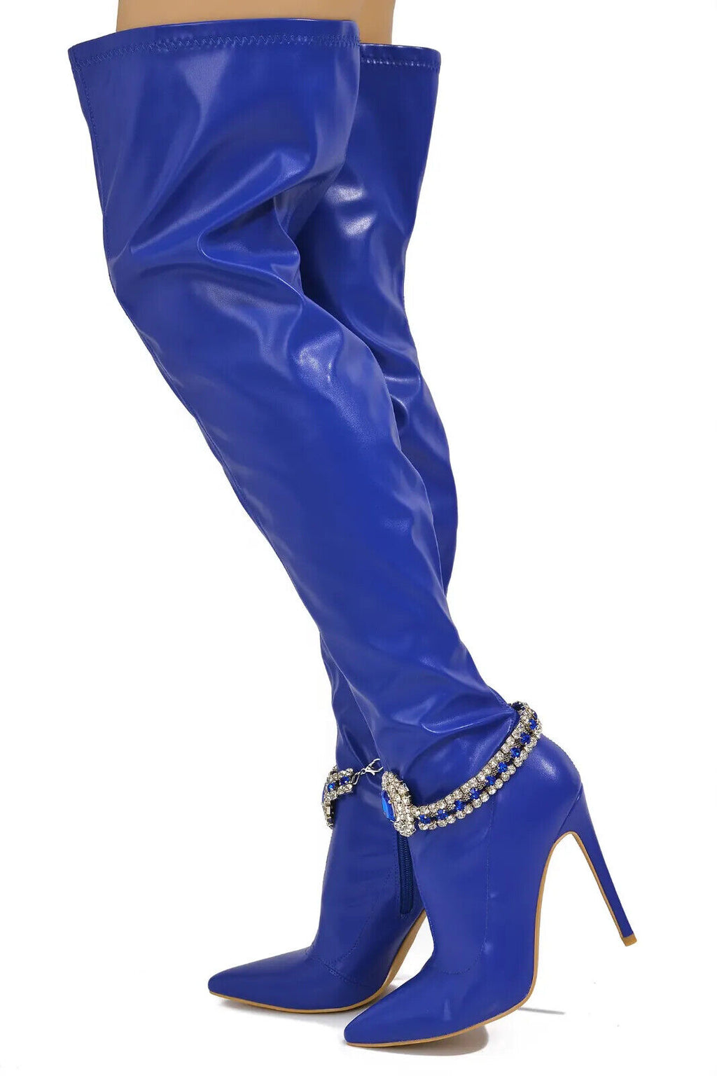 Lawless Bold Blue Stretch Leatherette Rhinestone Ankle Bracelet Thigh High Boots - Totally Wicked Footwear