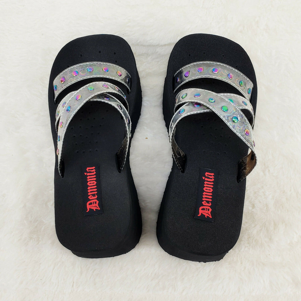 Funn Platform Goth Sandals Studded Hologram Triple Strap Slip On Shoes In House - Totally Wicked Footwear