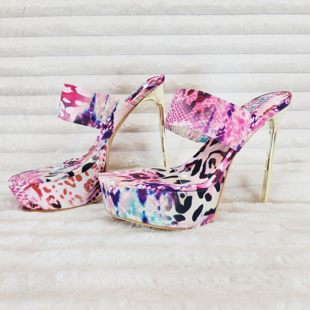 Razz Slip On High Heel Clogs Mules Slides Multi Color Print Gold Tone Stiletto - Totally Wicked Footwear