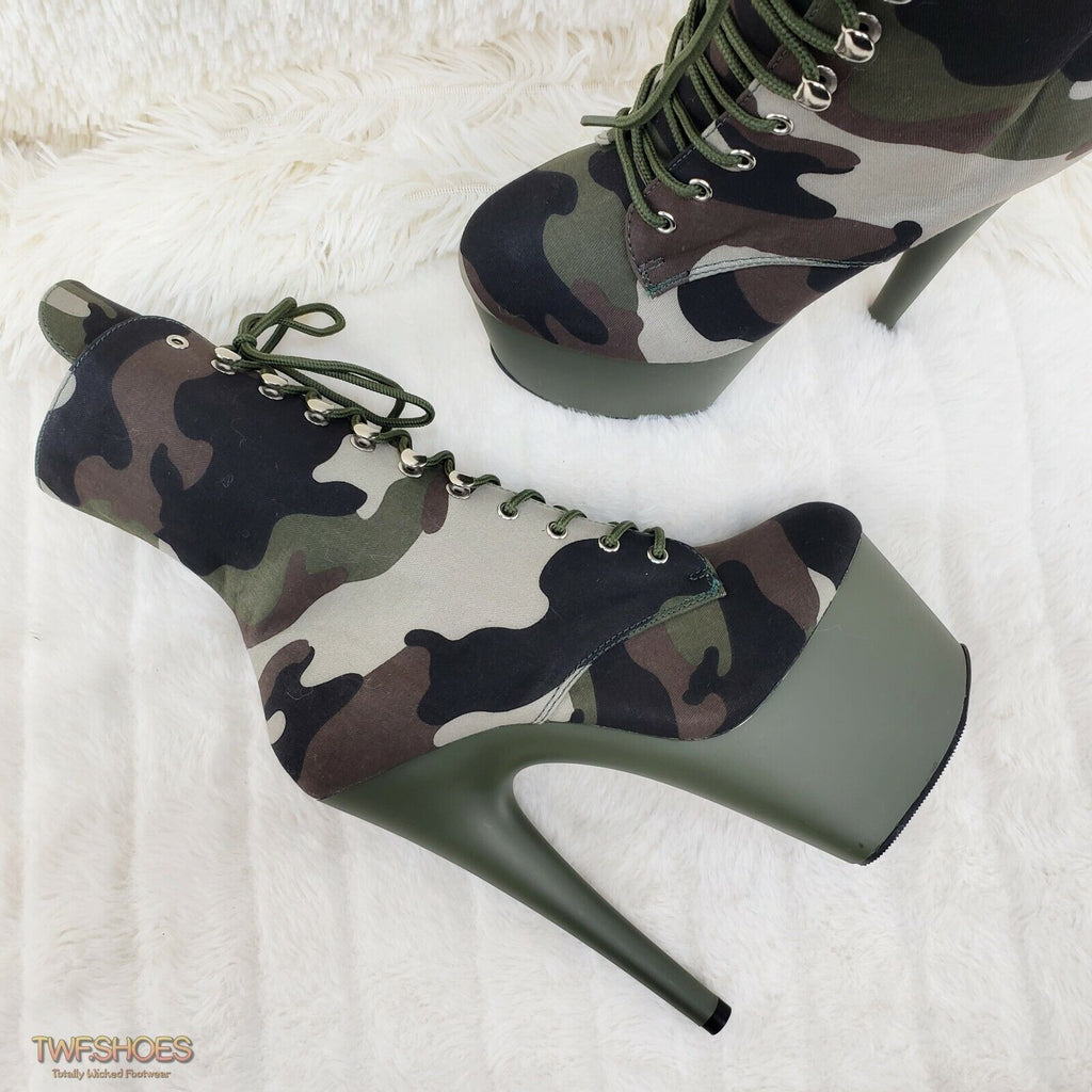 Adore 1020 Green Camo Olive Platform 7" High Heel Lace Up Ankle Boots 7 - 12 NY - Totally Wicked Footwear
