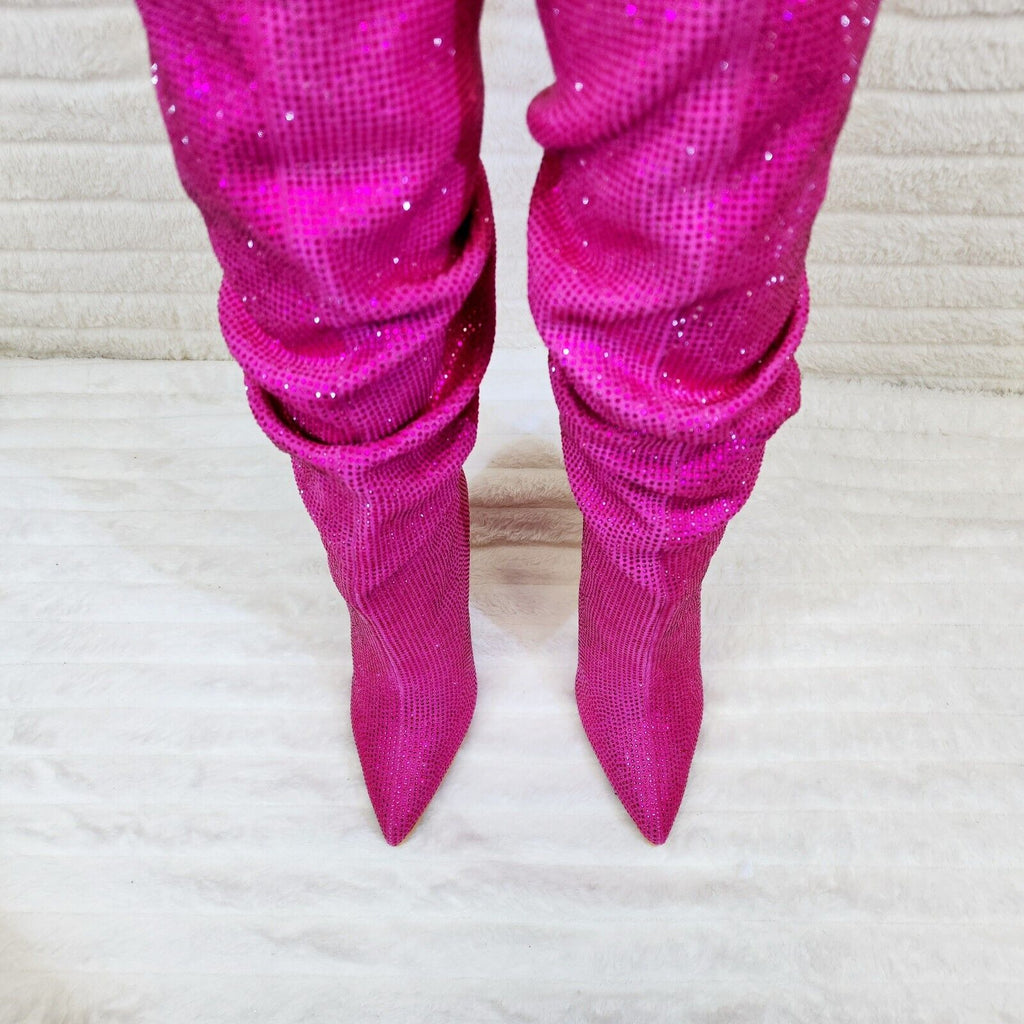 Radiant Fuchsia Pink Rhinestone High Heel Slouch Knee High Boots - Totally Wicked Footwear