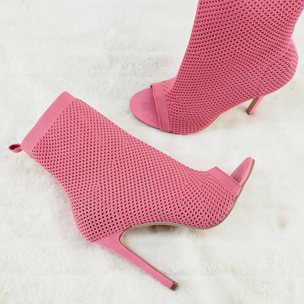Ready Go Coral Pink Stretch Knit Mesh Open Toe Pull On High Heel Ankle Boots - Totally Wicked Footwear
