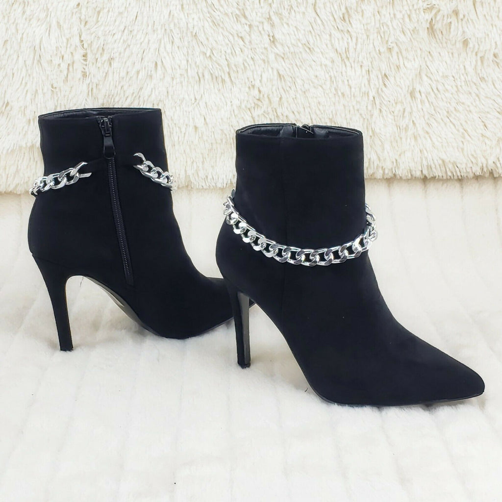 Mata Black FX Suede & Chain Sexy Pointy Toe 4" Stiletto High Heel Ankle Boots - Totally Wicked Footwear