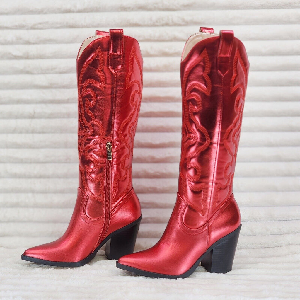 Electric Cowboy Brush Metallic Matte Western Knee High Cowgirl Boots Red - Totally Wicked Footwear